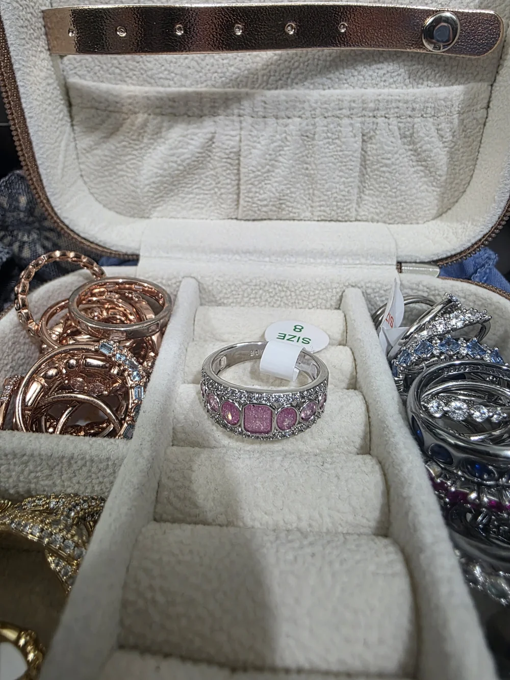 Silver Band Ring with Pink Gemstones and CZ Accents - Size 8